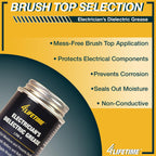 Infographic showing dielectric grease features: mess-free brush top, protects electrical components, prevents corrosion, seals out moisture, non-conductive