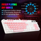 MageGee Pink & White mechanical keyboard with 12 multimedia shortcut and 25 anti-ghosting keys on a gaming screen background