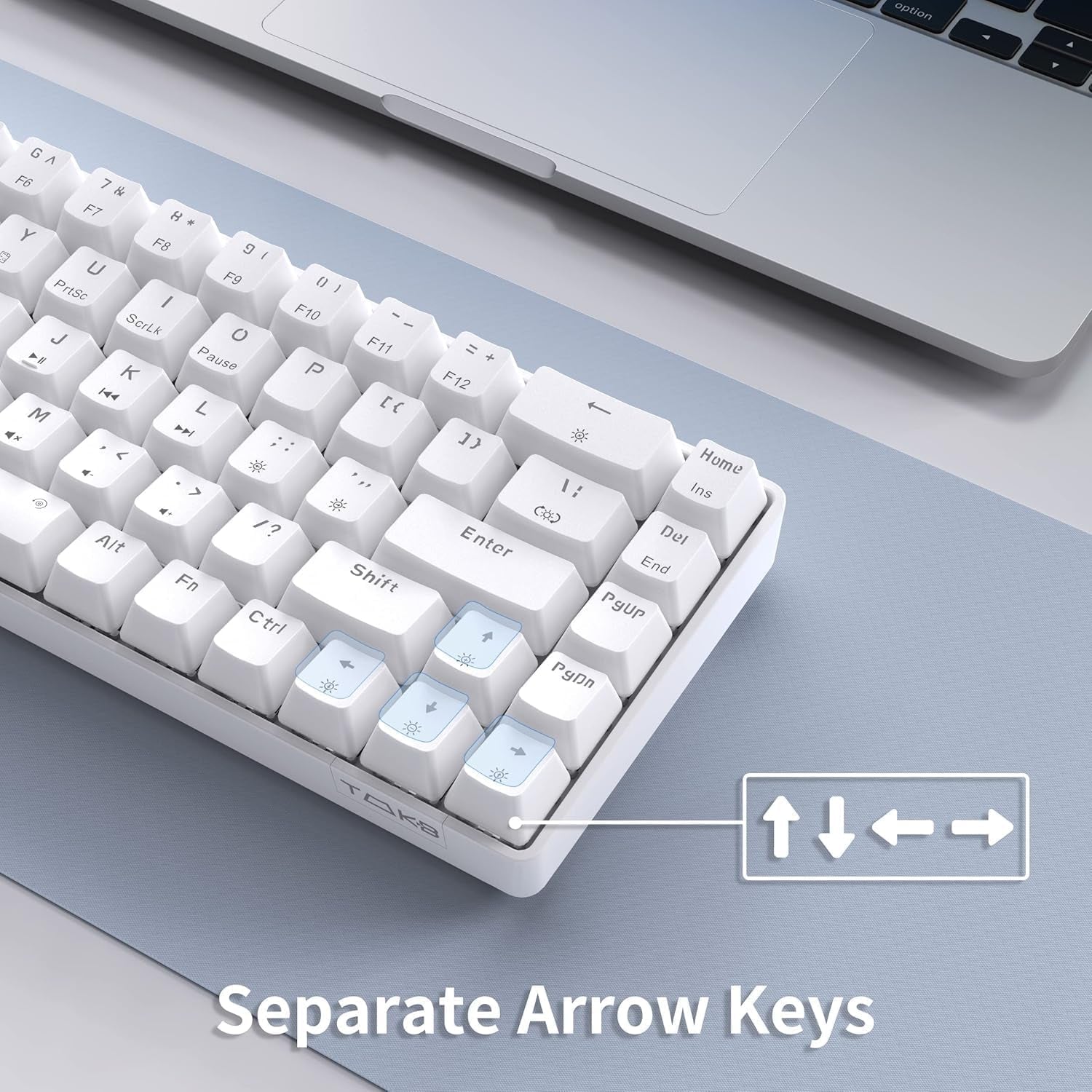 Dedicated arrow keys highlighted in blue next to a laptop