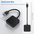 ICZI USB 3.0 Hub with 4 Ports and USB Splitter with measurements from all sides on white background