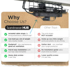 Under-desk cable tray infographic highlighting key features: cable straps, weight support, ventilation, and easy installation