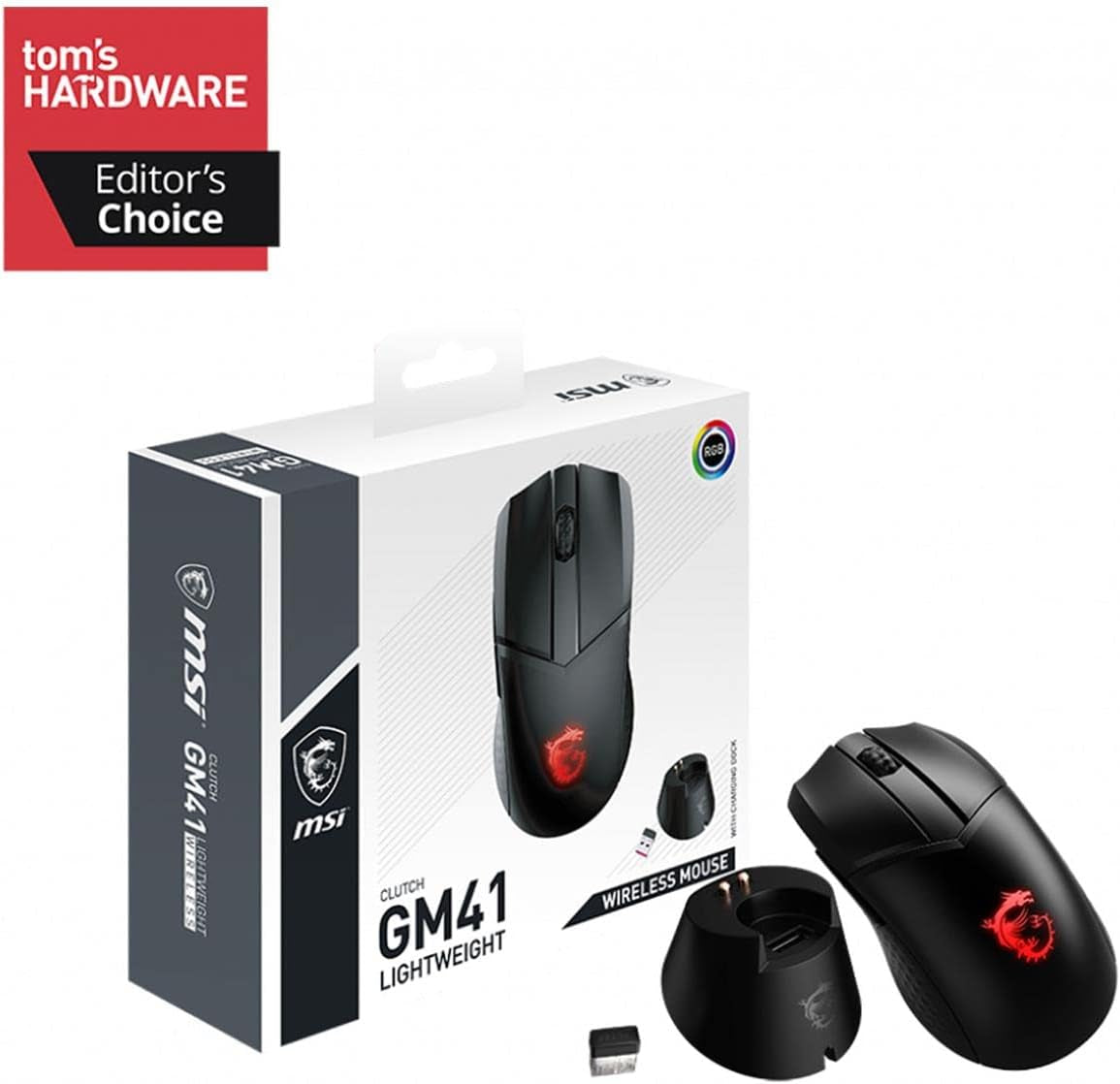 Clutch GM41 Lightweight Wireless Gaming Mouse next to charging dock, USB receiver, and package