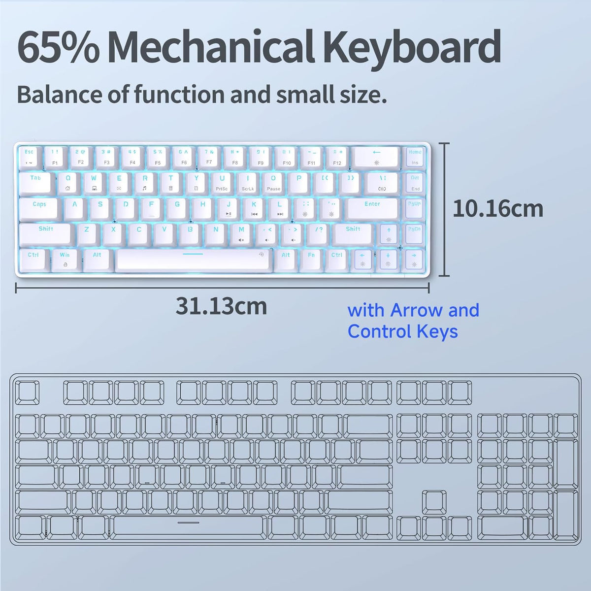 31.13cm x 10.16cm dimensions with arrow/control keys called out
