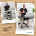 Before and after photos of a man using cable desk tray to organize his desk setup