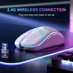 White honeycomb shell wireless gaming mouse with teal and pink RGB lighting on a dark purple desk surface next to a small white USB nano receiver labeled "USB Receiver", with bold gradient text at the top reading "2.4G WIRELESS CONNECTION" and a subtitle reading "Plug and play, very easy to set up"