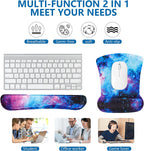 Galaxy wrist rest and mouse pad set feature infographic showing breathable, germ-free, soft, and anti-slip properties with student, office, and gaming use cases