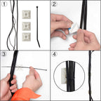 Step-by-step visual guide of mounting an adhesive cable clip on a wall to bundle cables together