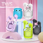 Six T6 TWS wireless Bluetooth earbud color variants arranged on pastel pink and blue podiums: blue case with blue earbuds top left, white case with white earbuds top right, purple case with purple earbuds middle left, neon green case with green earbuds center, black case with black earbuds middle right, all showing transparent charging case with LED digital battery display, with text reading TWS Smart transparent cabin