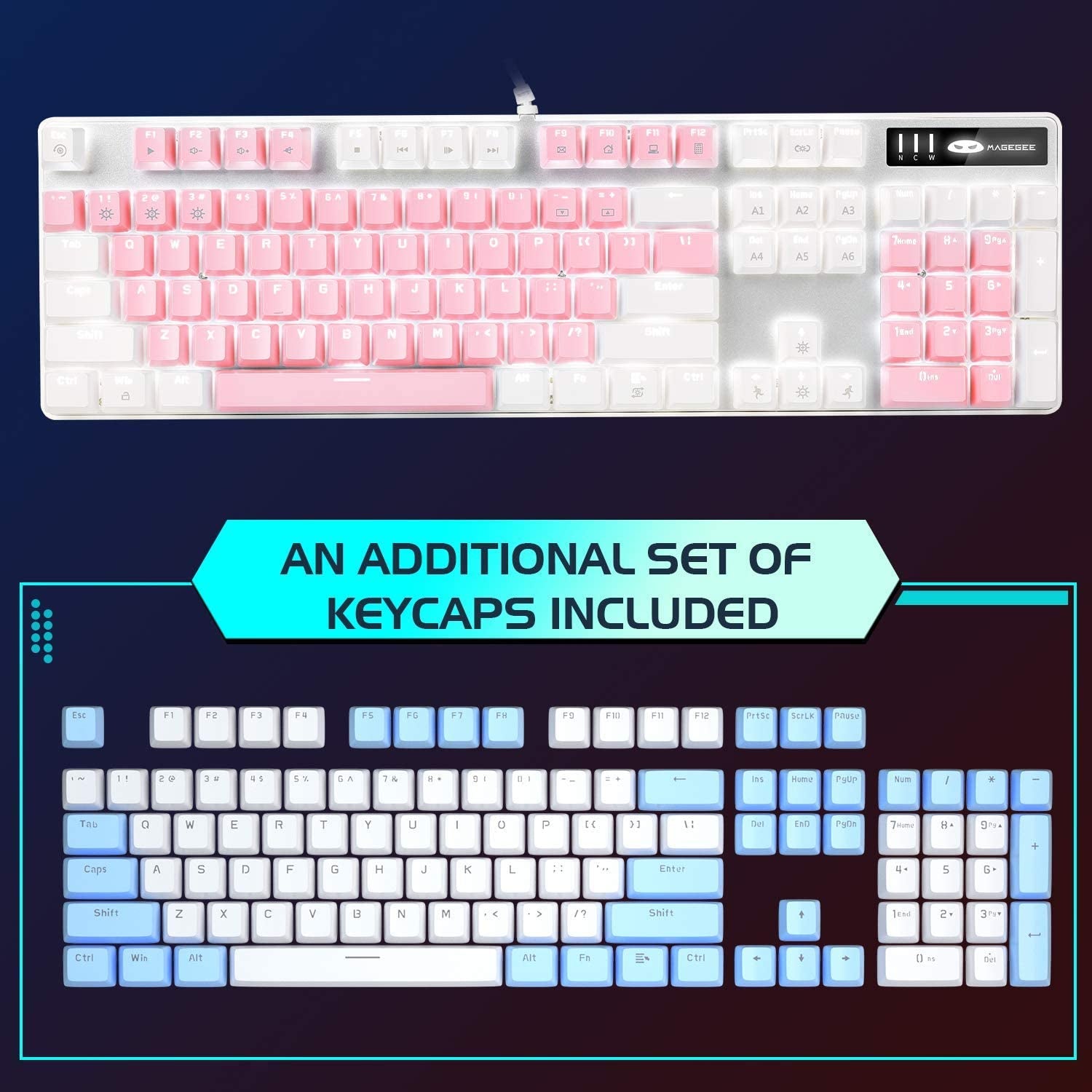 MageGee Keyboard with pink and white keycaps and additional blue and white keycaps set on a dark background