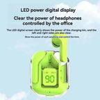 T6 TWS neon green transparent charging case front-facing view showing LED digital battery display reading 90 with L and R individual earbud battery bar indicators, one green earbud partially ejected from case, on light blue sky background with text reading LED power digital display, Clear the power of headphones controlled by the office, The LED digital screen clearly shows the power of the charging bin and the left and right sides are also clear