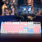 MageGee mechanical keyboard with pink and blue RGB backlighting on dark background