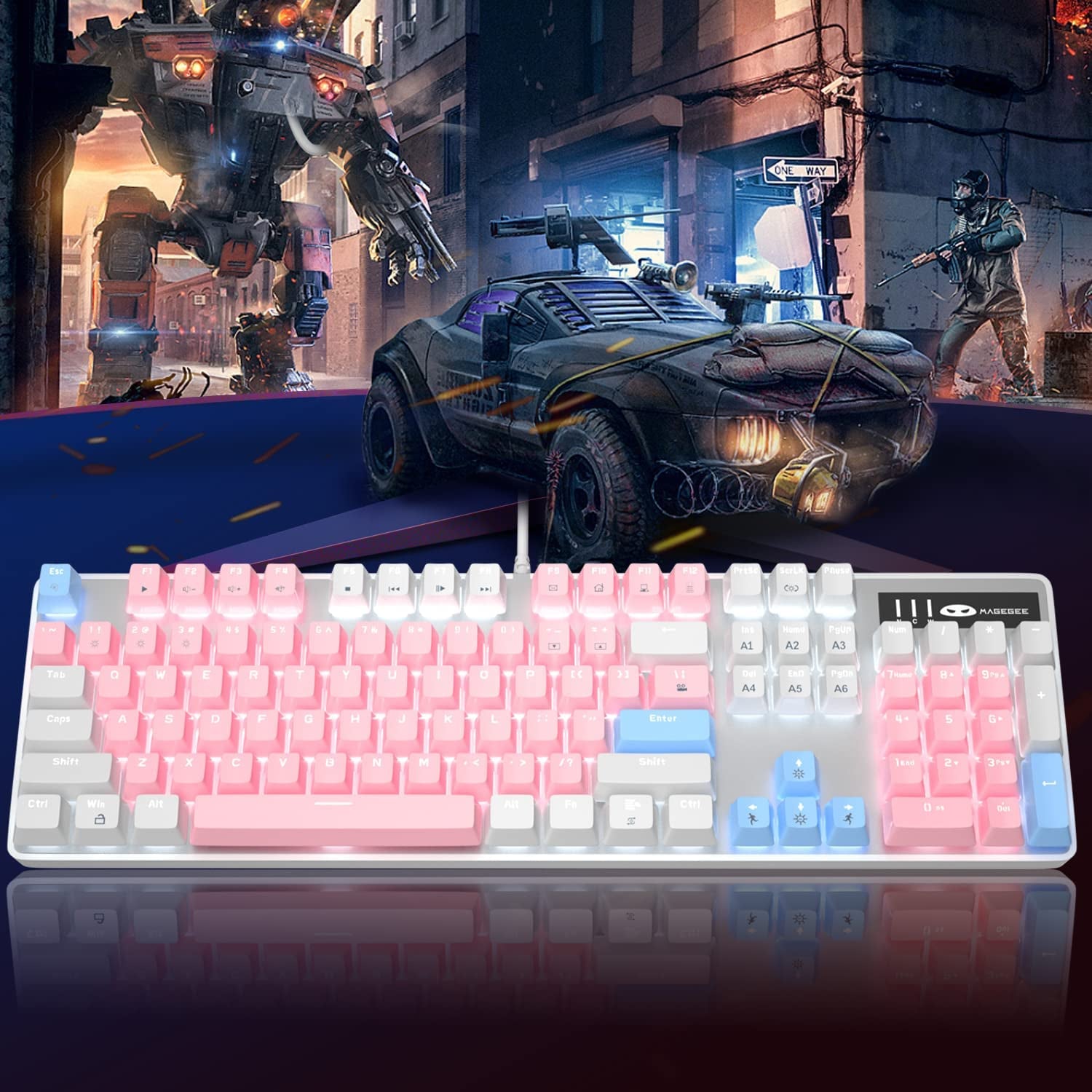 MageGee mechanical keyboard with pink and blue RGB backlighting on dark background