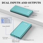 BONAI 12000mAh power bank dimensions (5.65 x 2.90 x 0.59 in) with dual input/output port diagram showing USB-C and USB-A ports on white background
