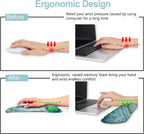 Before and after of a person using marble designed mouse pad and wrist rest to relieve wrist pressure