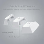 Exploded diagram of three white doubleshot PBT keycaps showing firm PBT material and double shot craft construction