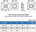 Technical diagram and specifications of adhesive wire holders with double-sided tape, including dimensions and packaging details