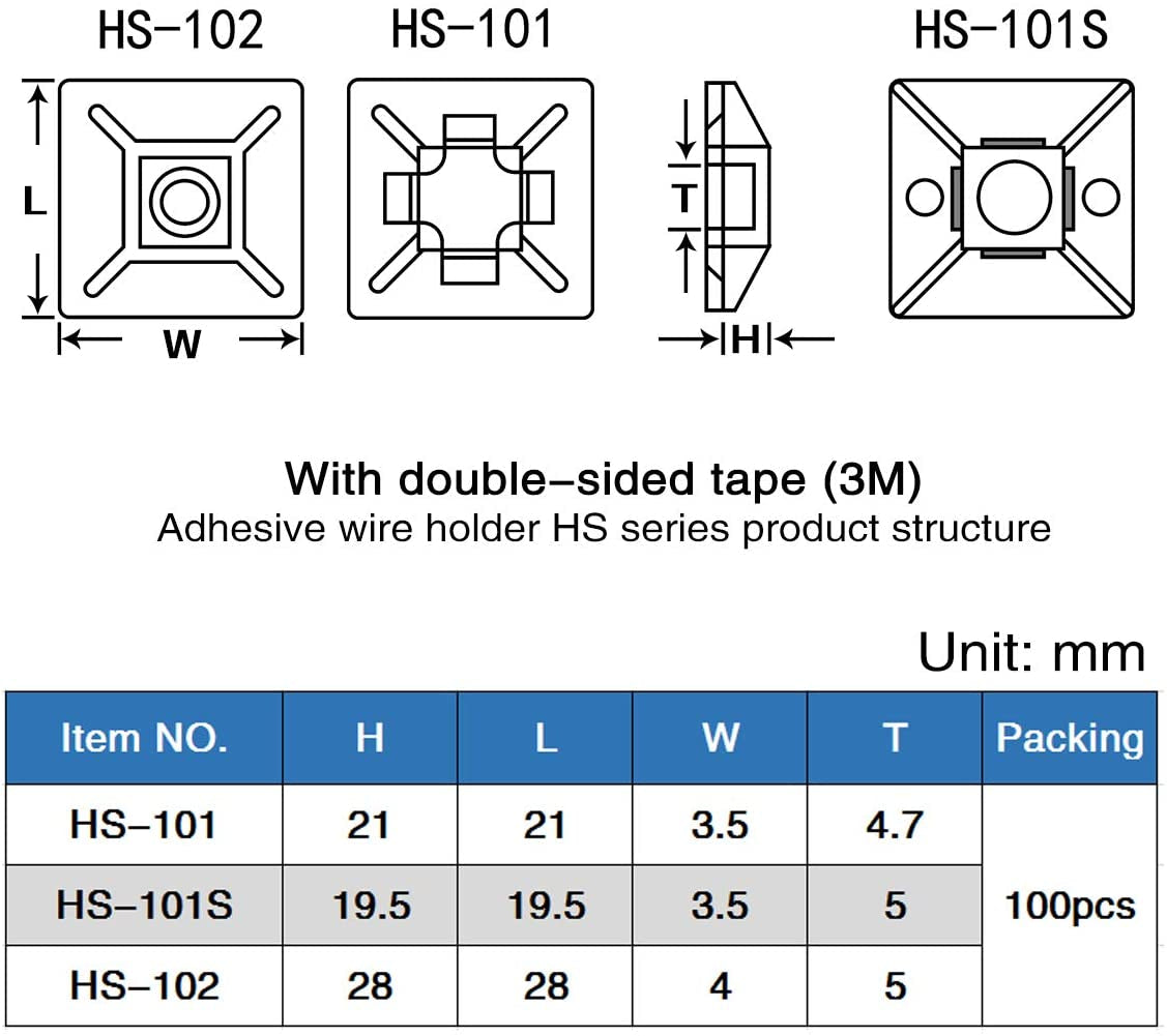 Technical diagram and specifications of adhesive wire holders with double-sided tape, including dimensions and packaging details