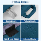 Four-panel feature detail close-up of the teal MOSISO laptop bag on a light blue background, with blue label badges identifying: top-left "Double Zippers" showing dual MOSISO-branded silver zipper pulls, top-right "Portable Handle" showing the teal fabric carry handle, bottom-left "Hook & Loop Closure" showing the velcro fastening strip, and bottom-right "Polyester Material" showing water droplets beading on the teal fabric surface
