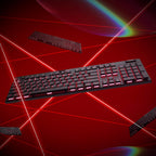 Redragon K618 PRO full-size wireless mechanical keyboard floating at an angle on a red background with red laser beams and three additional keyboards visible in corners, showing red-pink RGB backlighting across all keys and low-profile slim design