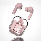 Two pink T6 TWS wireless Bluetooth earbuds floating above pink transparent charging case showing LED digital battery display reading 90 with L and R earbud battery bar indicators, with soft reflection on white gradient surface