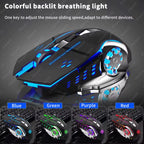 Black gaming mouse with blue RGB breathing backlight on a dark grey background, with white text at the top reading "Colorful backlit breathing light" and a subtitle about adjusting sliding speed, plus four thumbnail swatches below the mouse labeled Blue, Green, Purple, and Red showing the different lighting color modes
