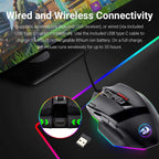 edragon M801 Gaming Mouse showing dual connectivity: wireless USB receiver and wired USB-C cable on RGB mouse pad