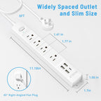 TROND white surge protector angled view showing dimensions 11.18 x 1.77 x 1.41 in body and 1.06 x 1.7 in end cap, with 4 widely spaced AC outlets, 3 USB-A ports, 1 USB-C port, power switch with green LED, 6ft braided cord, and inset diagram of 45-degree right angle flat plug