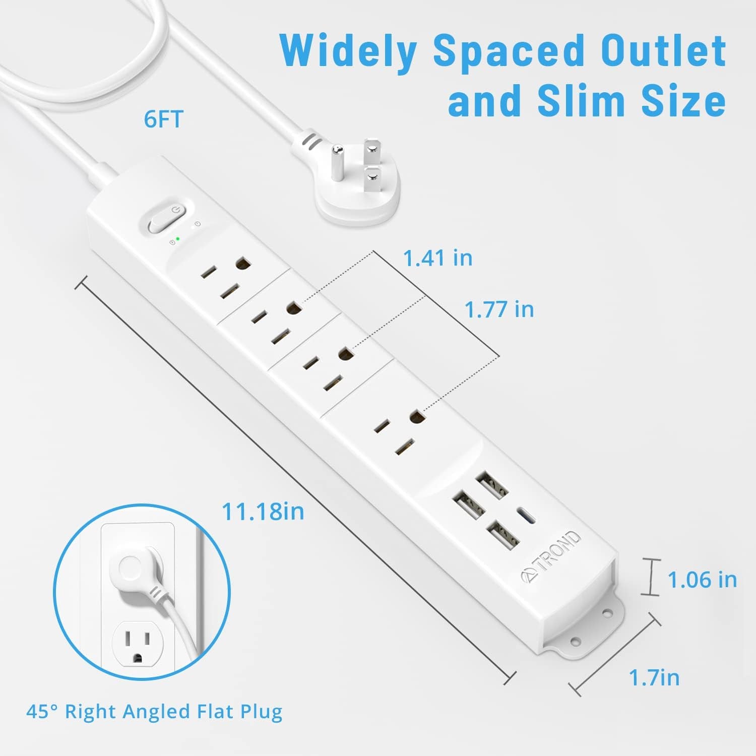 TROND white surge protector angled view showing dimensions 11.18 x 1.77 x 1.41 in body and 1.06 x 1.7 in end cap, with 4 widely spaced AC outlets, 3 USB-A ports, 1 USB-C port, power switch with green LED, 6ft braided cord, and inset diagram of 45-degree right angle flat plug