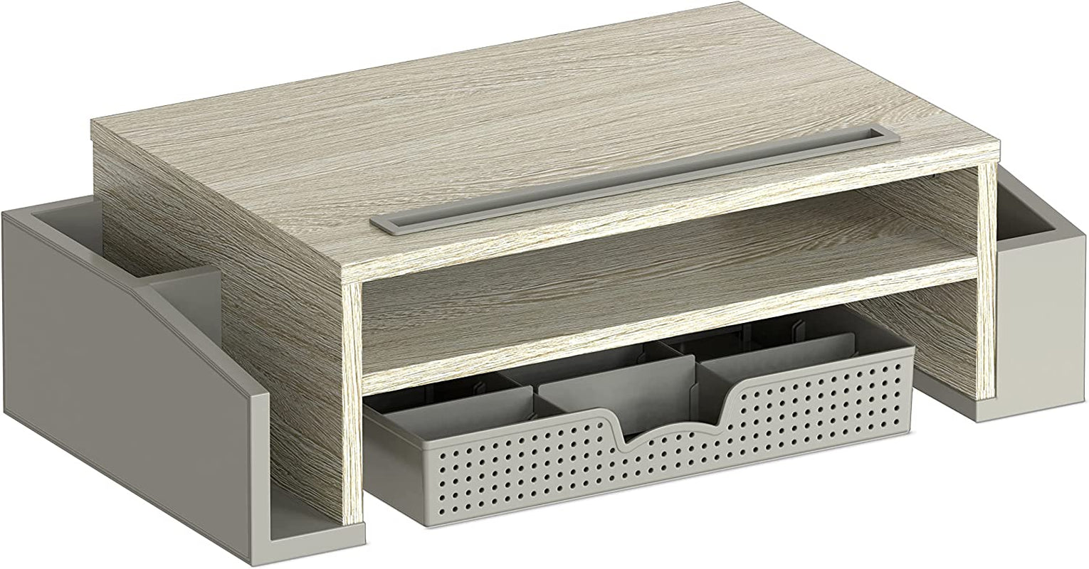 Empty Simple Houseware monitor stand with built in compartments on a white background
