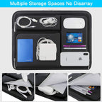 Lacdo laptop sleeve laid flat showing organized pockets containing Seagate external hard drive, MagSafe charger, iPhone, Apple Magic Mouse, cables, pens, and credit card, with three inset close-ups of cable pocket, laptop compartment, and pen/card slot, and text reading Multiple Storage Spaces No Disarray