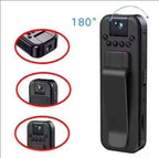 Black mini body camera on a white background showing 180-degree rotation capability, with three red-circled close-up callouts highlighting the infrared night vision LEDs, lens, and clip from different angles