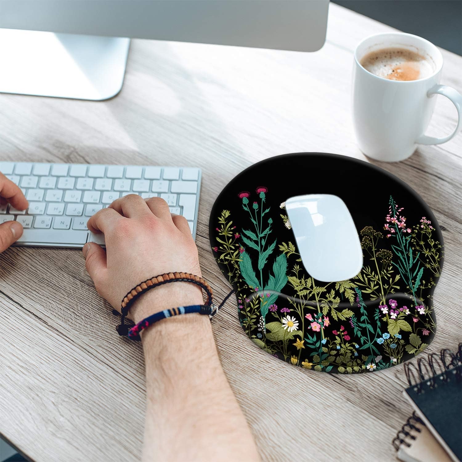 Ergonomic Mouse Pad with Wrist Support Gel [30% Larger], Cute Soft Wrist Rest Pad with Non-Slip Rubber Base, Easy Typing & Pain Relief - Garden Flowers