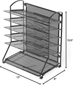 Empty 6-tier mesh steel document organizer with measurements on all sides on a white background front view