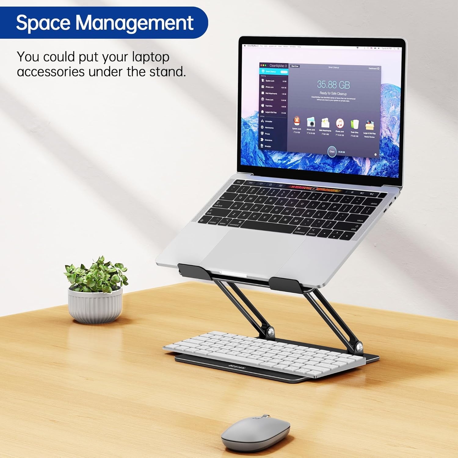 LS10 Aluminum Laptop Stand, ergonomic and adjustable. Can put accessories under the laptop stand for space management