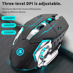 Black gaming mouse with cyan RGB lighting on a light grey background, photographed from a side angle, with bold black text reading "Three-level DPI is adjustable" at the top and three cyan pill labels pointing to the mouse reading 2000DPI, 1600DPI, and 1200DPI