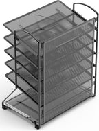 Black empty 6-tier mesh steel document organizer on a white background back view