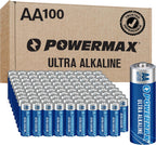 POWERMAX AA batteries 100-count bulk pack for wireless keyboard and mouse, showing box and batteries fanned out on white background
