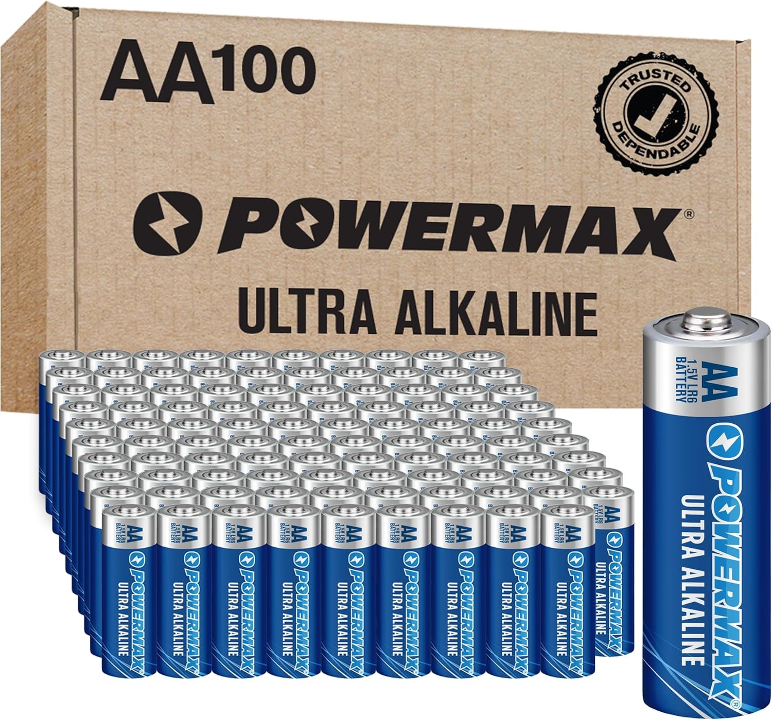 100-Count Double AA Batteries, Ultra Long Lasting Alkaline Battery for Home and Office, 10-Year Shelf Life, Reclosable Packaging