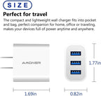 USB Wall Charger,  2Pack 15W 3-Port USB Charger Block - Perfect for travel with compact and lightweight design - Measurements from all sides