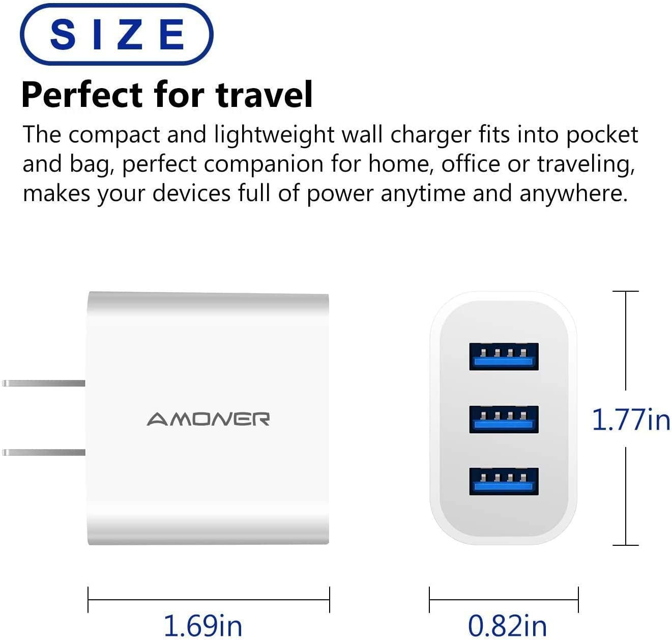 USB Wall Charger,  2Pack 15W 3-Port USB Charger Block - Perfect for travel with compact and lightweight design - Measurements from all sides