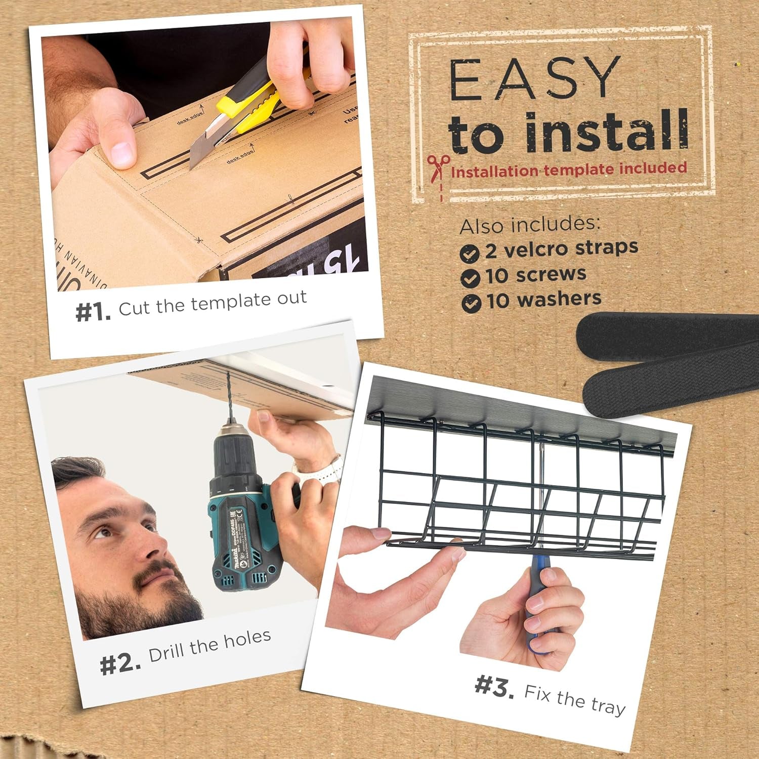 Step-by-step visual installation guide for mounting under-desk cable tray to tabletop