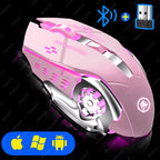 Pink gaming mouse with pink and purple RGB lighting on a pure black background, with a blue Bluetooth icon and cyan USB receiver icon in the top right corner, and a blue pill badge showing Apple, Windows, and Android logos in the bottom left