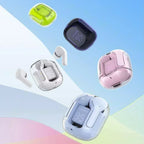 Five wireless Bluetooth 5.3 earbud transparent charging cases floating on a pastel blue, white, and pink diagonal gradient background: neon green case top left, dark navy case top right, white case center left with one white earbud ejected, pink case center right, and silver chrome case bottom center, all showing LED digital battery display reading 95
