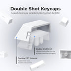 Exploded view of a double-shot PBT keycap showing the inner legend layer molded separately from the outer shell for permanent, fade-proof legends