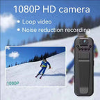 Black mini body camera on a snowy outdoor background with white text reading "1080P HD camera" and bullet points "Loop video" and "Noise reduction recording", with an inset 1080P footage preview showing a skier on a snow slope