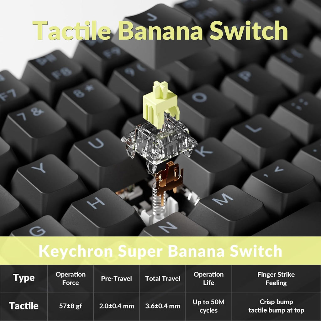 Macro close-up of a single Keychron Super Banana tactile switch pulled from the K2 V3 keyboard showing yellow stem and transparent housing, with spec table below: Tactile type, 57±8 gf operation force, 2.0±0.4mm pre-travel, 3.6±0.4mm total travel, up to 50M cycles operation life, crisp tactile bump at top finger strike feeling"