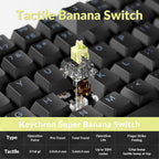 Macro close-up of a single Keychron Super Banana tactile switch pulled from the K2 V3 keyboard showing yellow stem and transparent housing, with spec table below: Tactile type, 57±8 gf operation force, 2.0±0.4mm pre-travel, 3.6±0.4mm total travel, up to 50M cycles operation life, crisp tactile bump at top finger strike feeling"