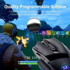 Redragon M801 Wireless Gaming mouse with 9 quality programmable buttons on a gaming screen background being used to quickly switch weapons in a game 