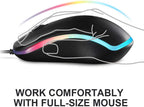 Wired computer mouse with hand diagram showing ergonomics side view on a white background