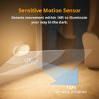 Motion sensor activated night light with a 120 degree sensing angle and 16Ft sensing distance illuminating a hallway for a person